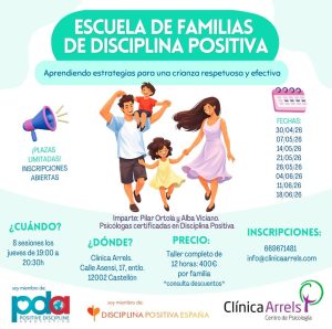 En Clínica Arrels ponemos en marcha nuestra escuela de disciplina positiva en Castellón, orientada a familias, un espacio pensado para acompañarte en el desarrollo de una educación respetuosa, firme y emocionalmente consciente.